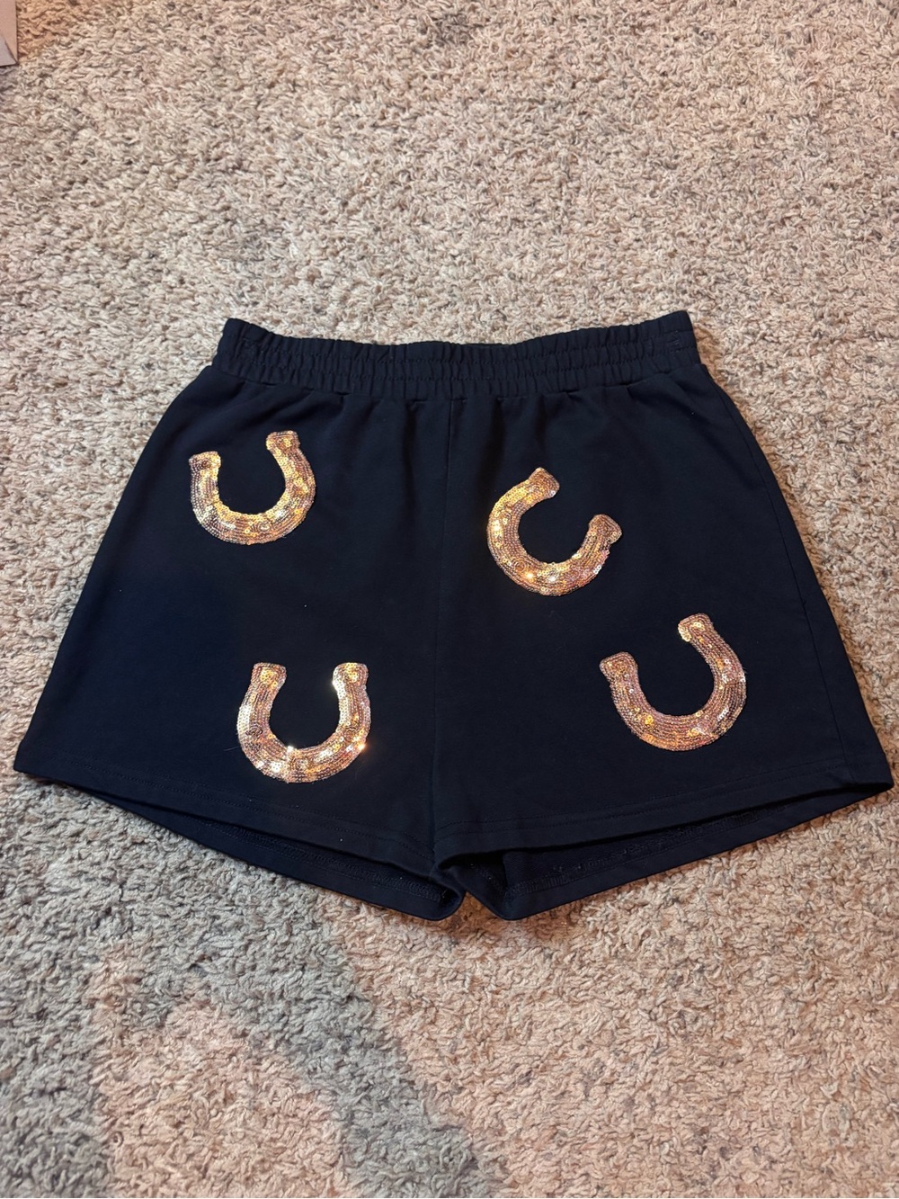 Main Strip Black Shorts with Gold Sequin Horseshoe Accents